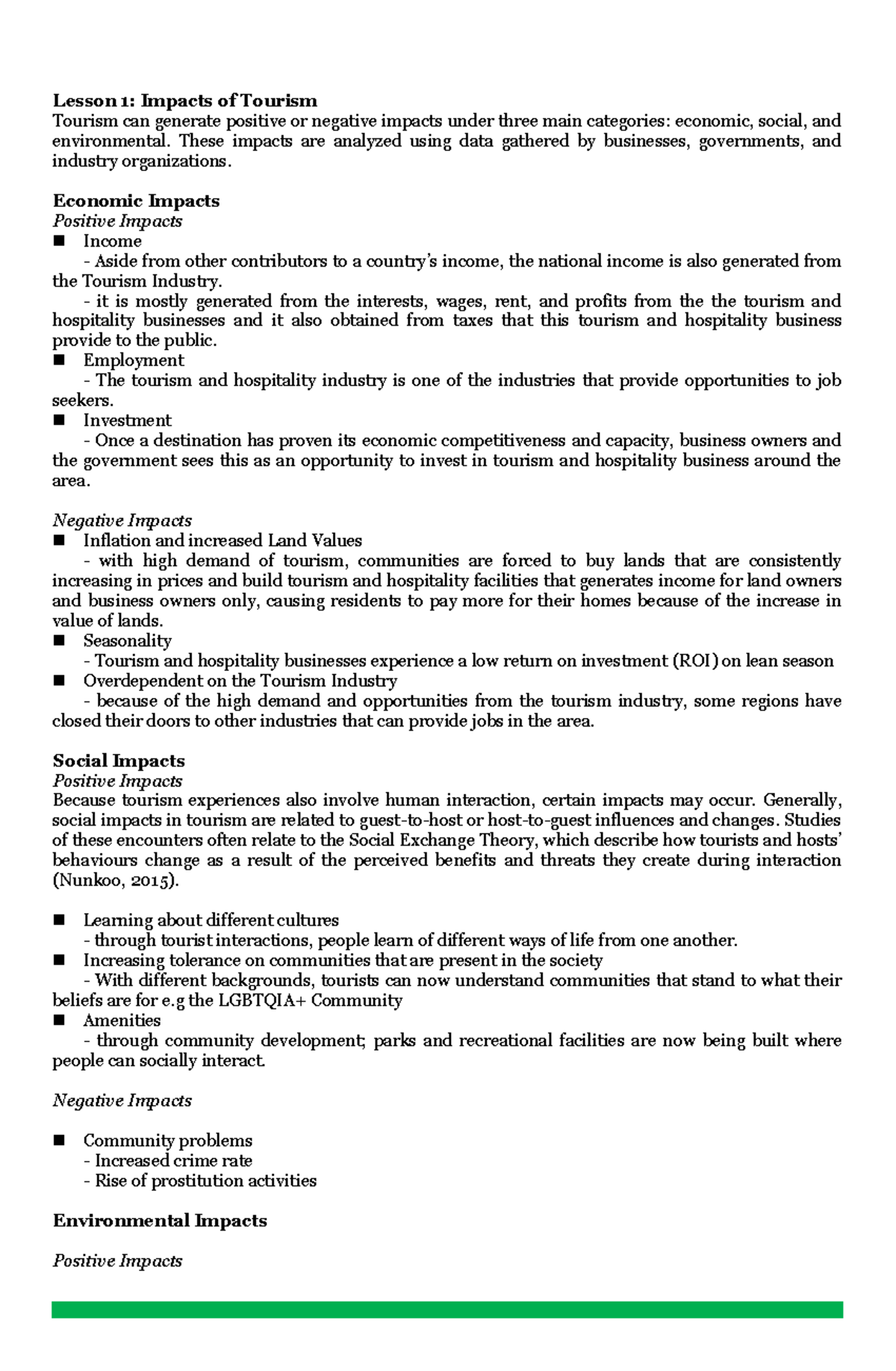 THC015 Lesson 1 Handout - Lesson 1: Impacts of Tourism Tourism can ...