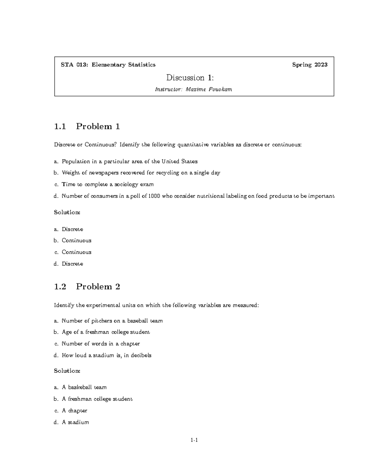 STA 013: Elementary Statistics Spring 2023 - Discussion 1 Solutions ...