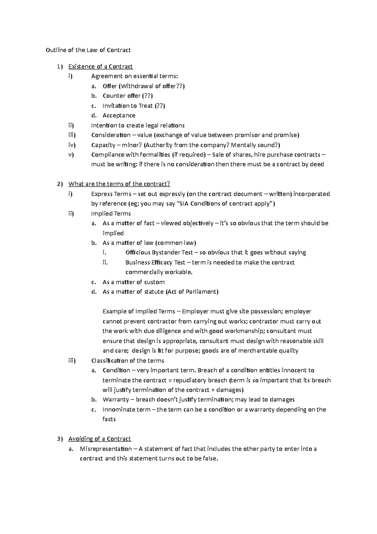 Outline of Law of Contract: Key Concepts and Terms Explained - Studocu