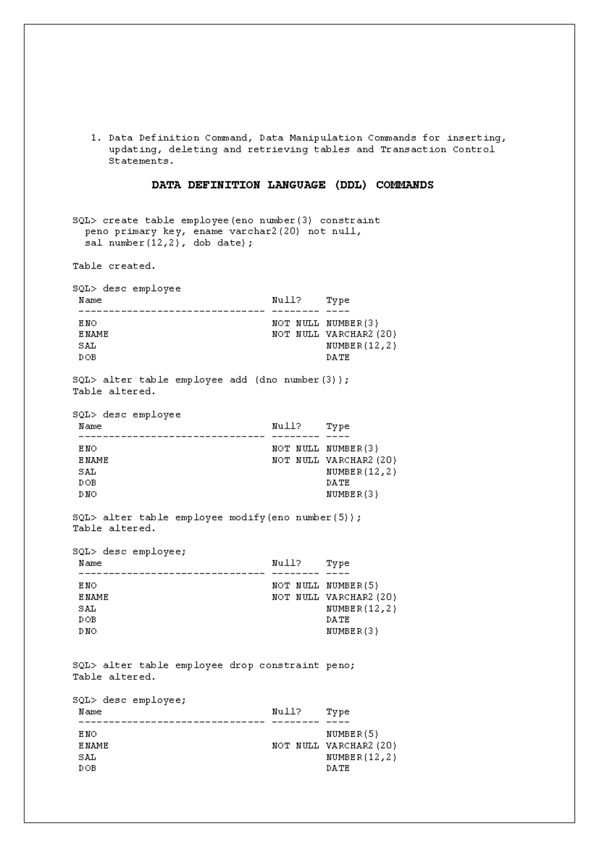 DBMS Lab: DDL, DML, and TCL Commands Overview - Studocu