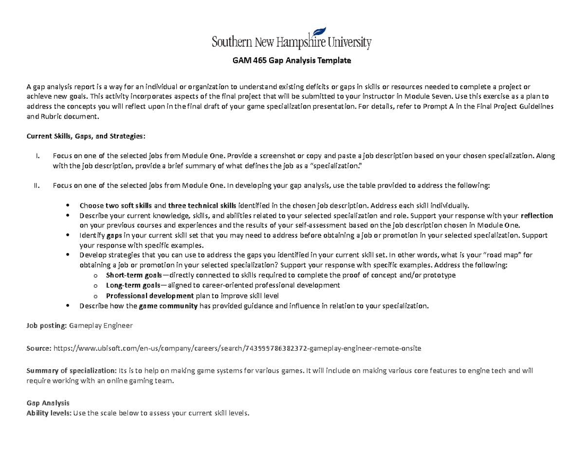 GAM 465 Gap Analysis Template for Game Specialization Project - Studocu