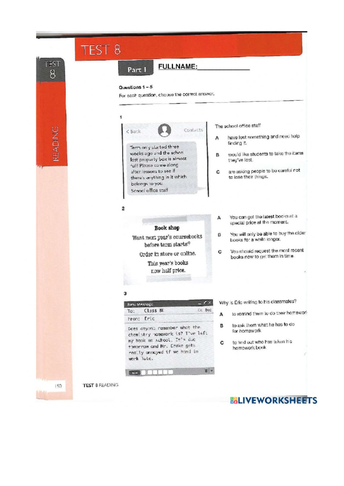 TEST 8 READING WORKSHEET: Questions & Answers Guide - Studocu