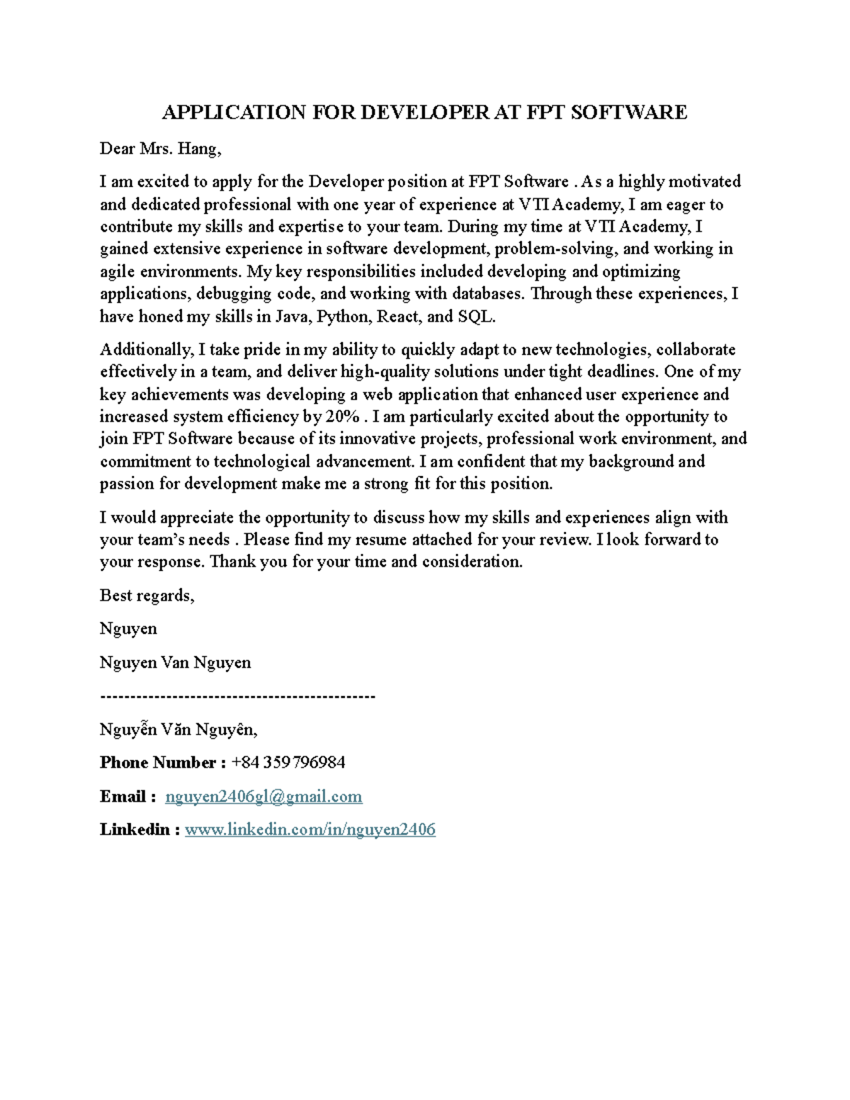 CV Application for Developer Position at FPT Software - Studocu
