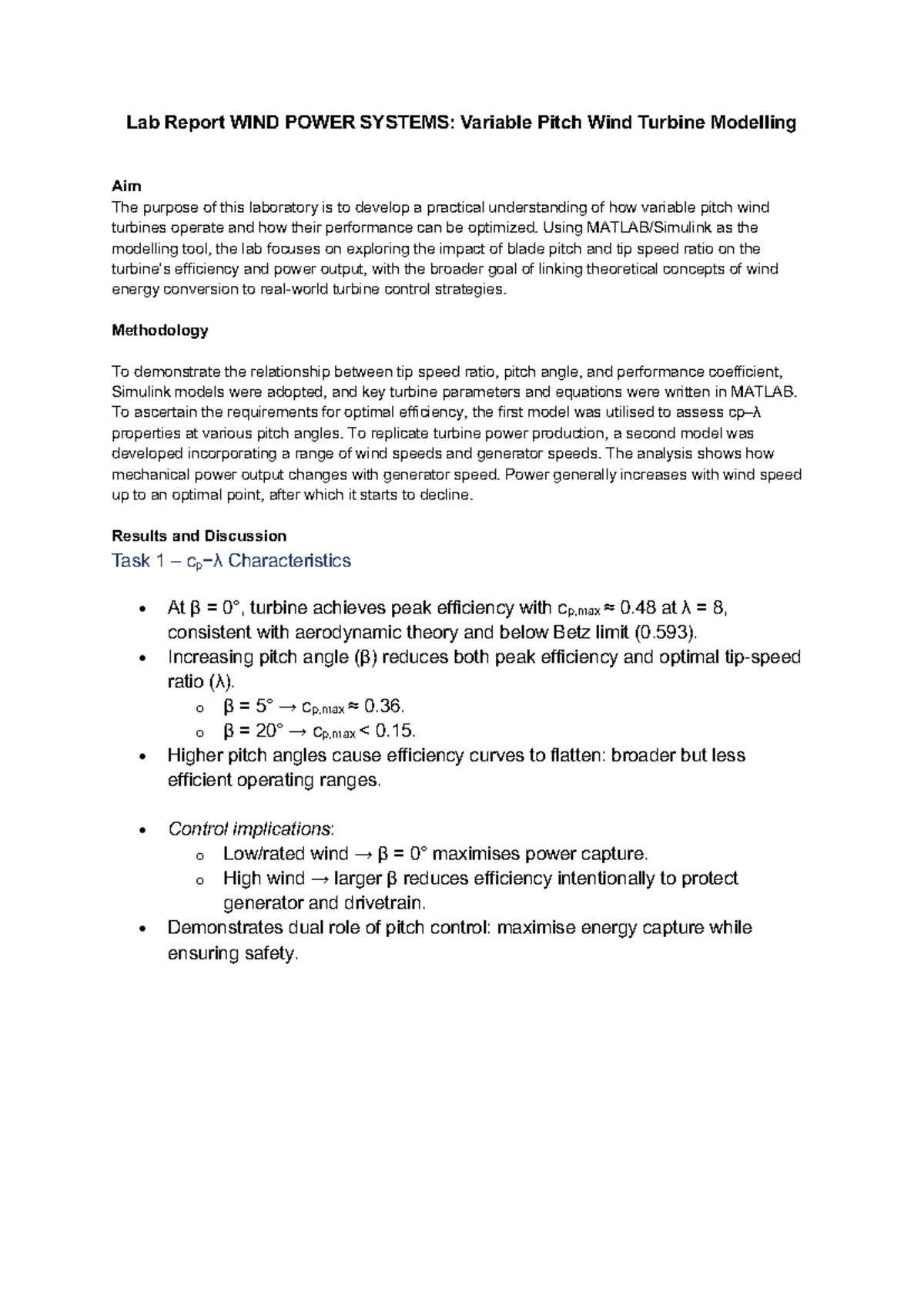 Eeet2550 Lab Report: Variable Pitch Wind Turbine Modelling - Studocu