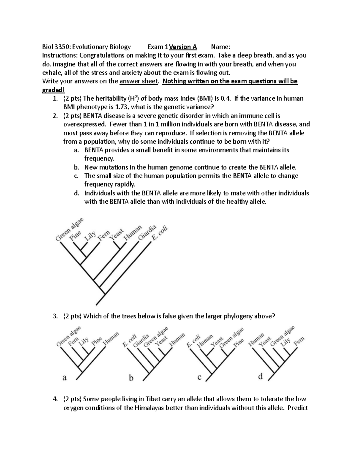Biol 3350: Evolutionary Biology Midterm Exam 1 Version A Answers - Studocu