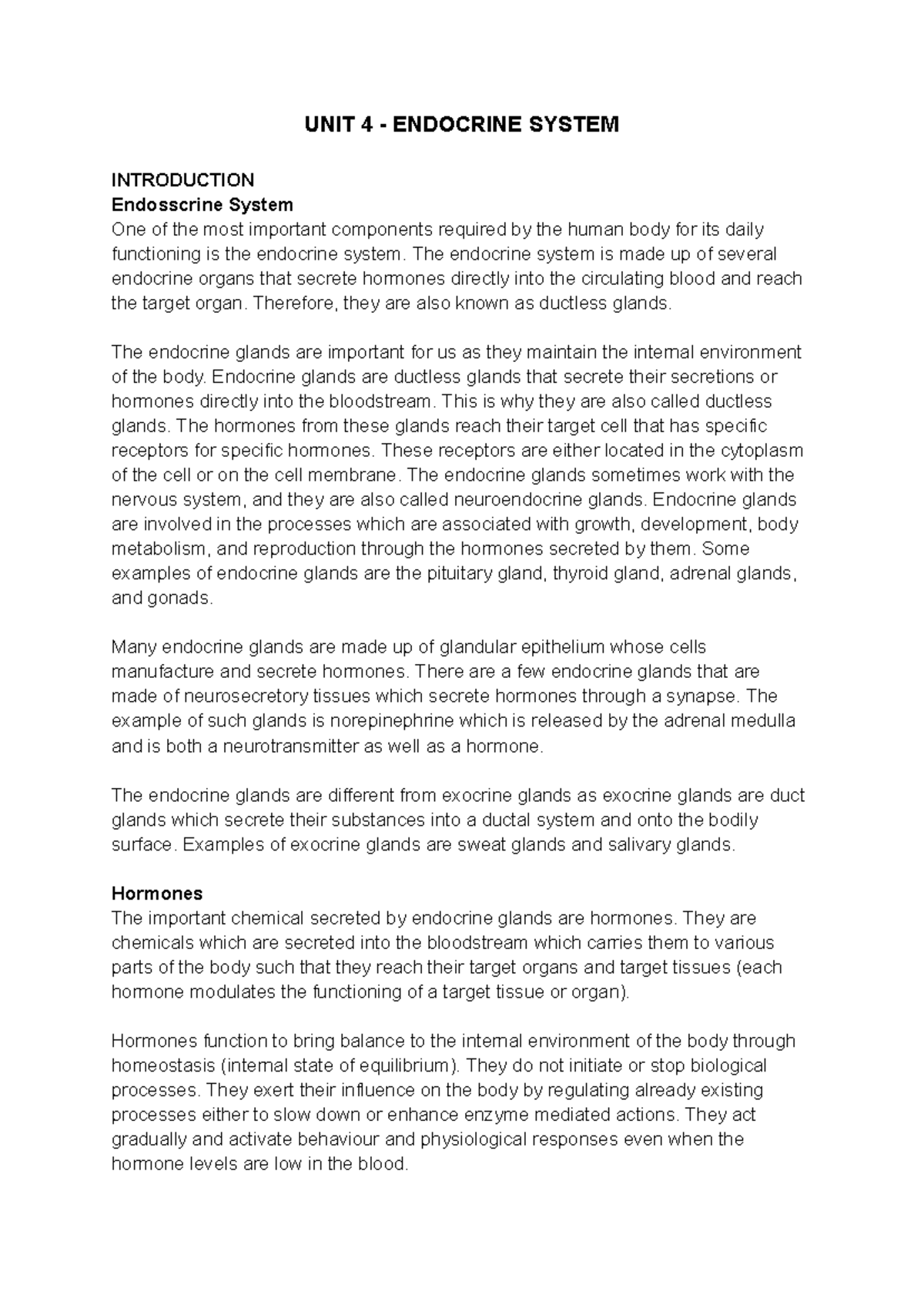 Biopsych 4: Introduction to the Endocrine System and Hormones - Studocu