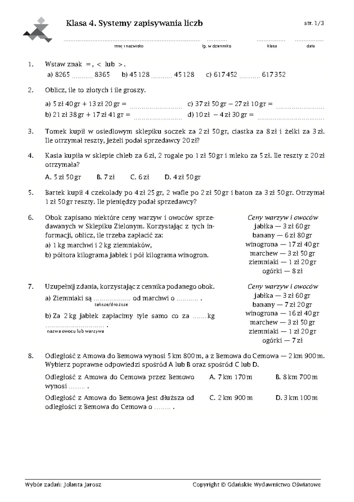 Klasa 4, dział 3 - Wojny i upadek Rzeczypospolitej - RozwiĄŻ - Klasa 4
