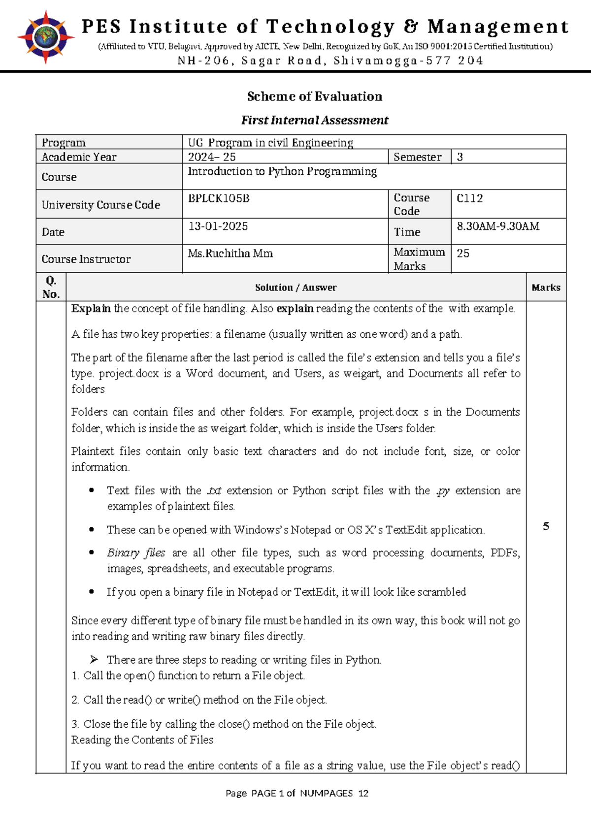 PESIT C112: Internal Assessment on Python Programming Concepts - Studocu