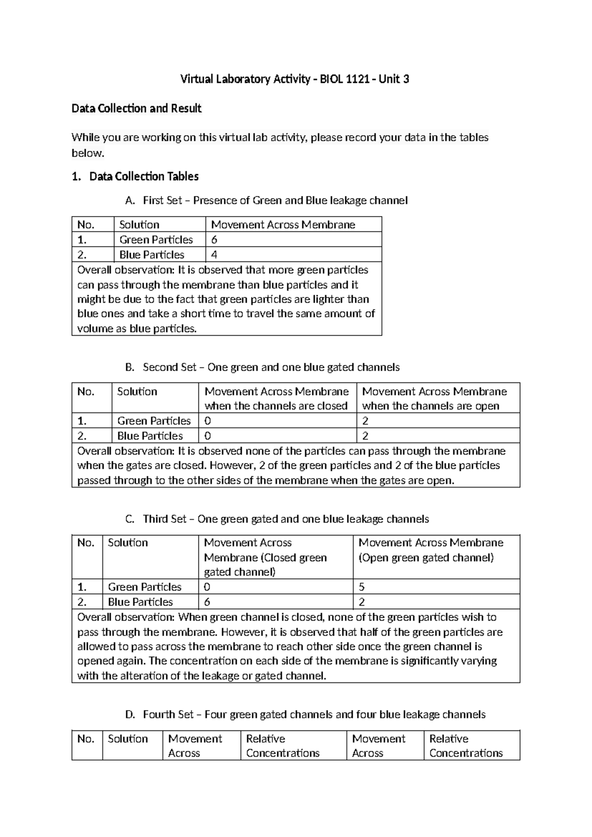 BIOL 1121 Week 6 Lab Report: Exploring Membrane Particle Movement - Studocu