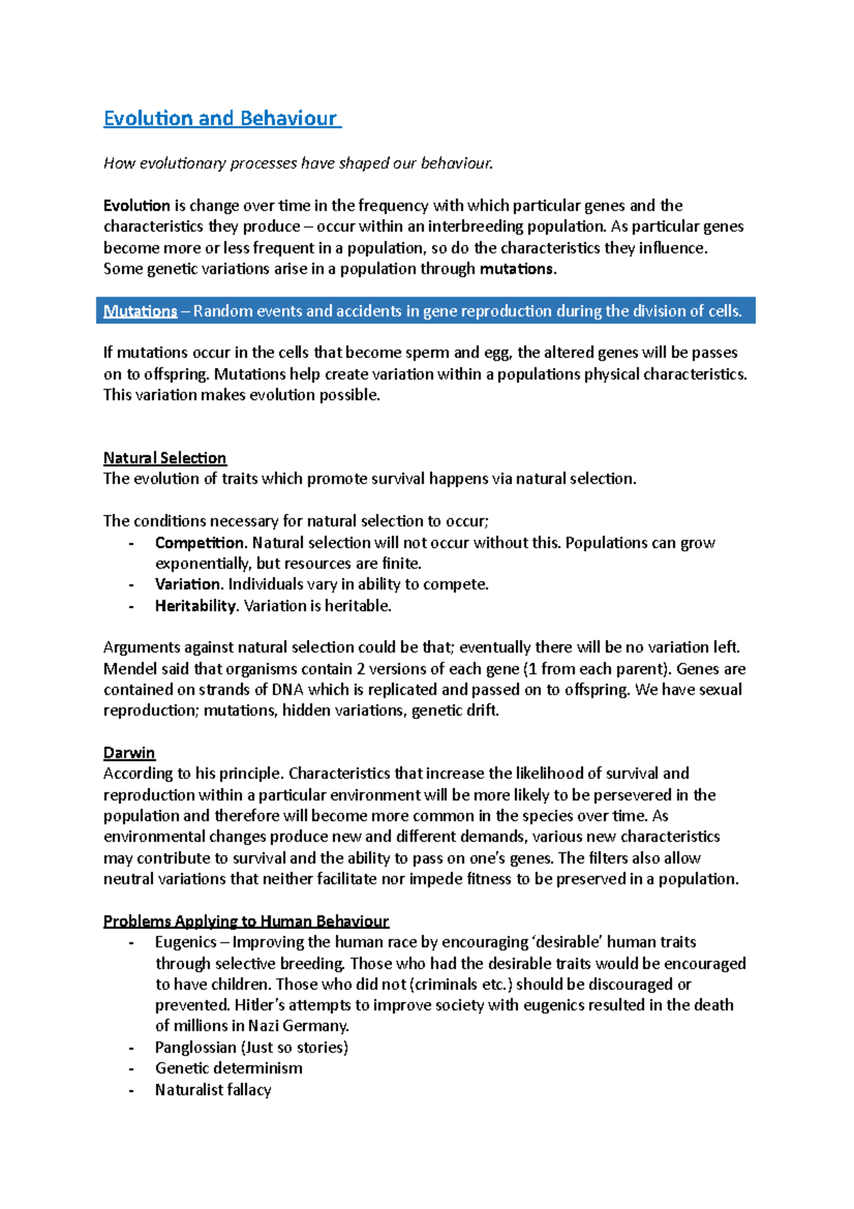 Evolution and Behaviour - Comprehensive Study Notes - Studocu