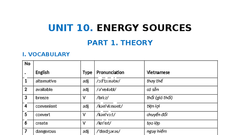 UNIT 10. ENERGY SOURCES - VOCABULARY & GRAMMAR NOTES - Studocu