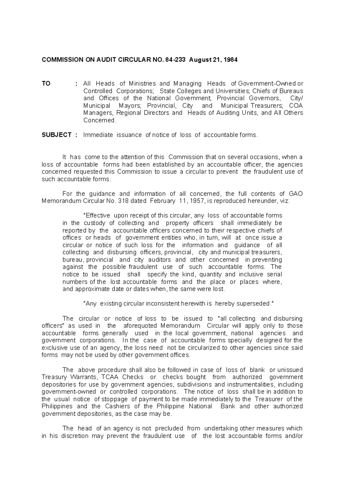 COA Circular 84-233: Guidelines on Reporting Loss of Accountable Forms ...