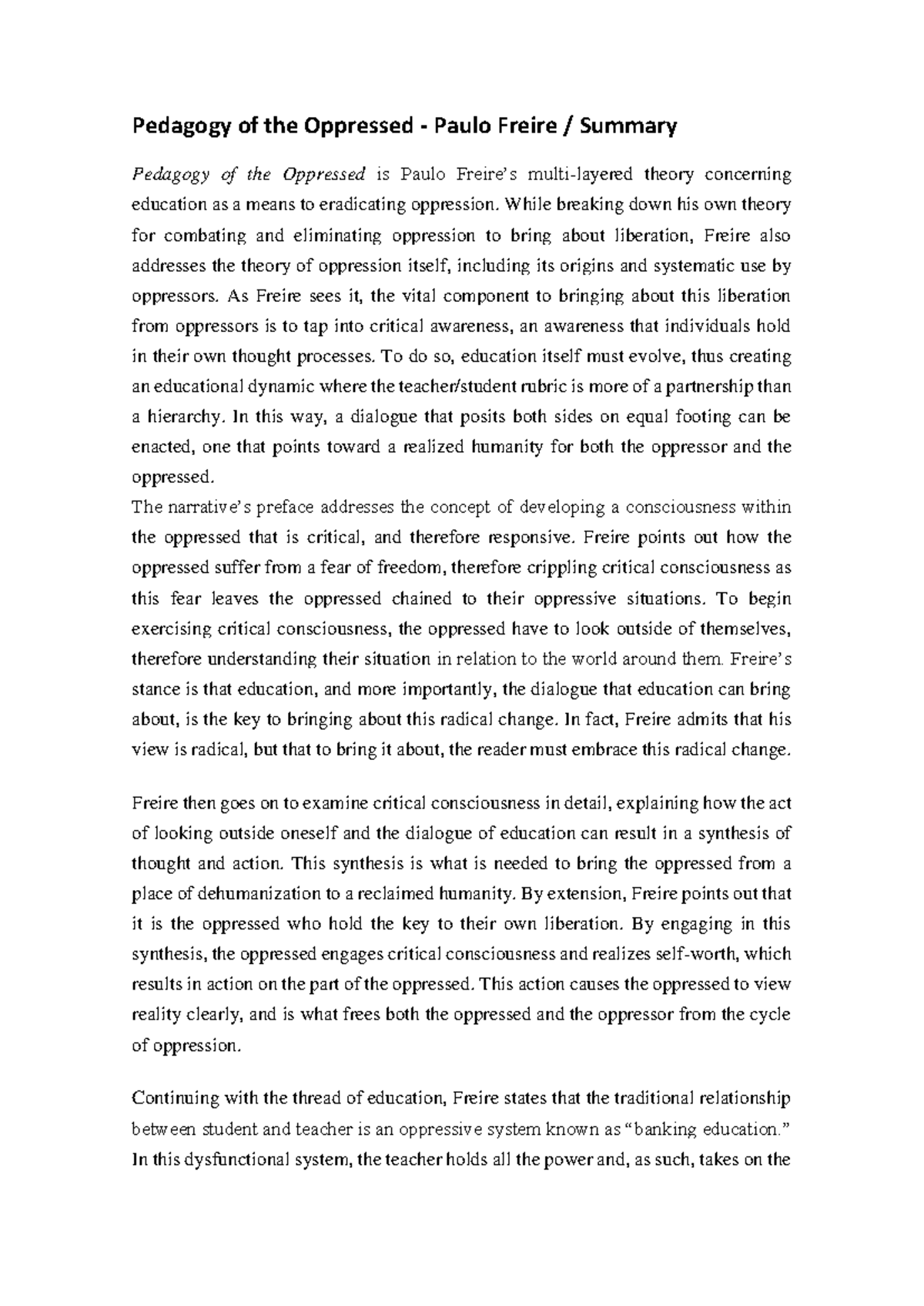 Pedagogy of the Oppressed - Detailed Summary and Analysis - Studocu