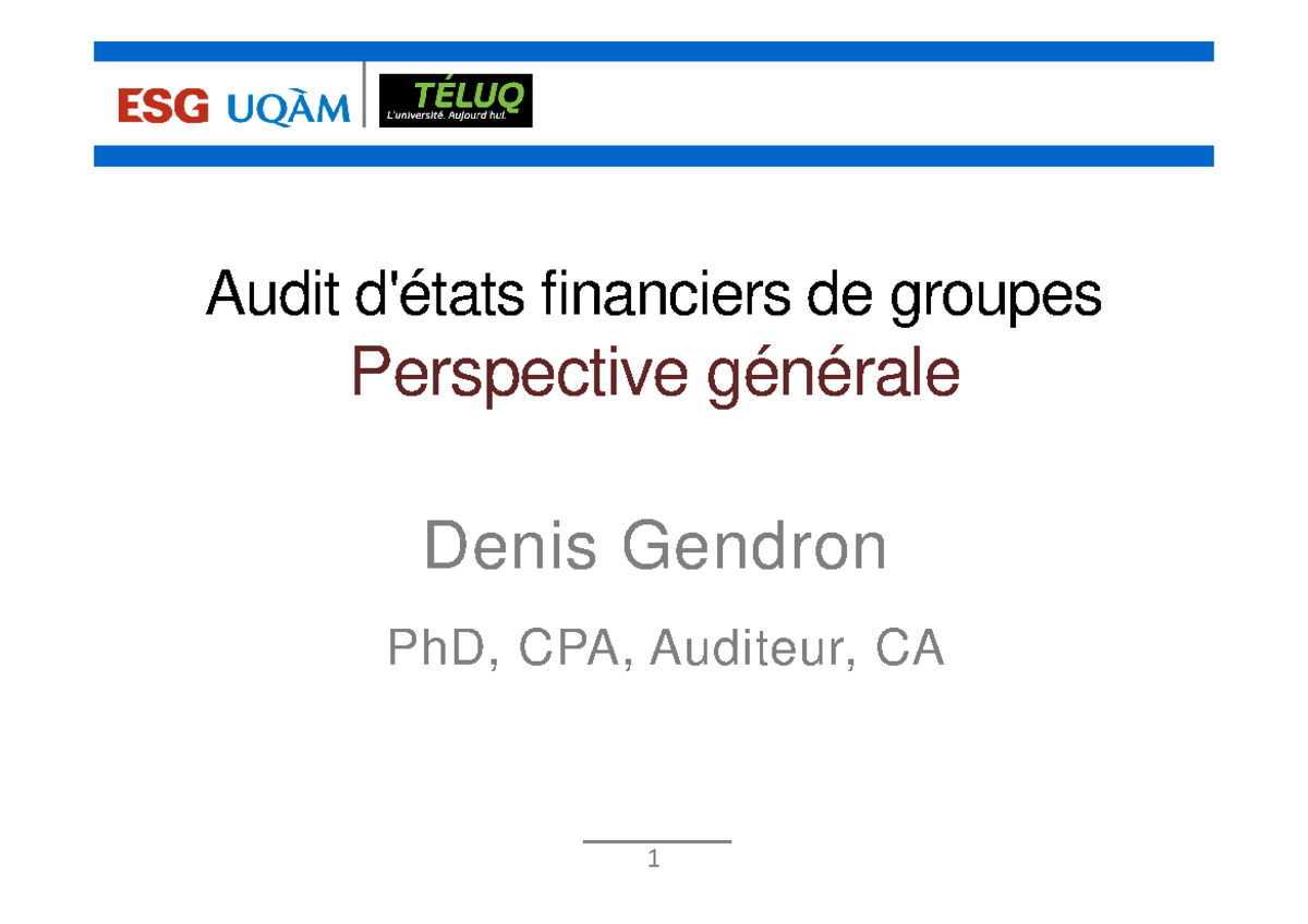 Audit des États Financiers de Groupes - Perspectives NCA 600 - Studocu