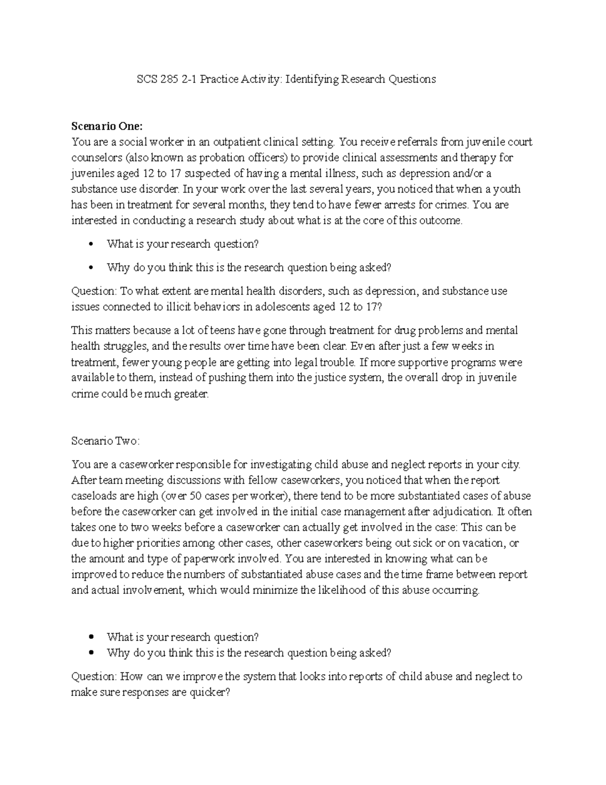 SCS 285 Practice Activity: Exploring Key Research Questions in Social ...
