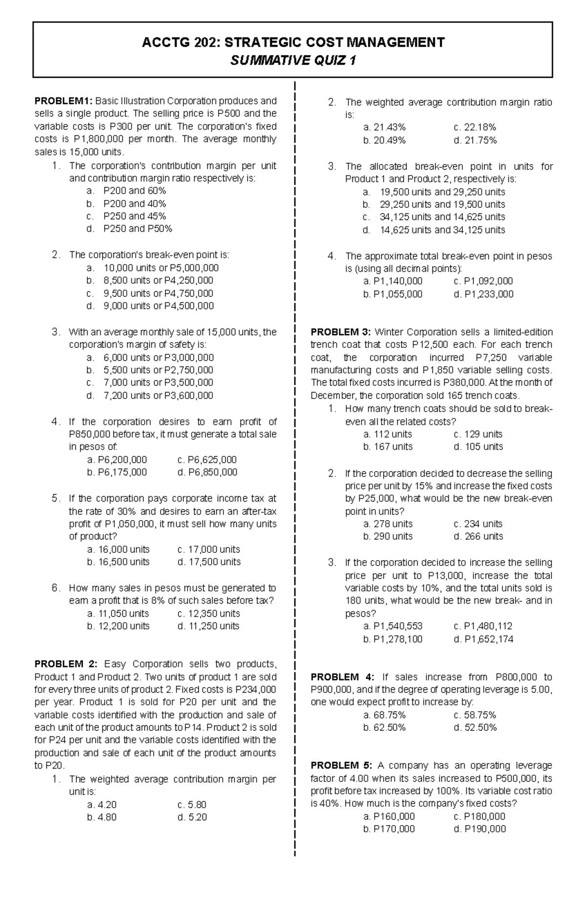 Acctg 202 Summative Quiz 1 - Strategic Cost Management Guide - Studocu