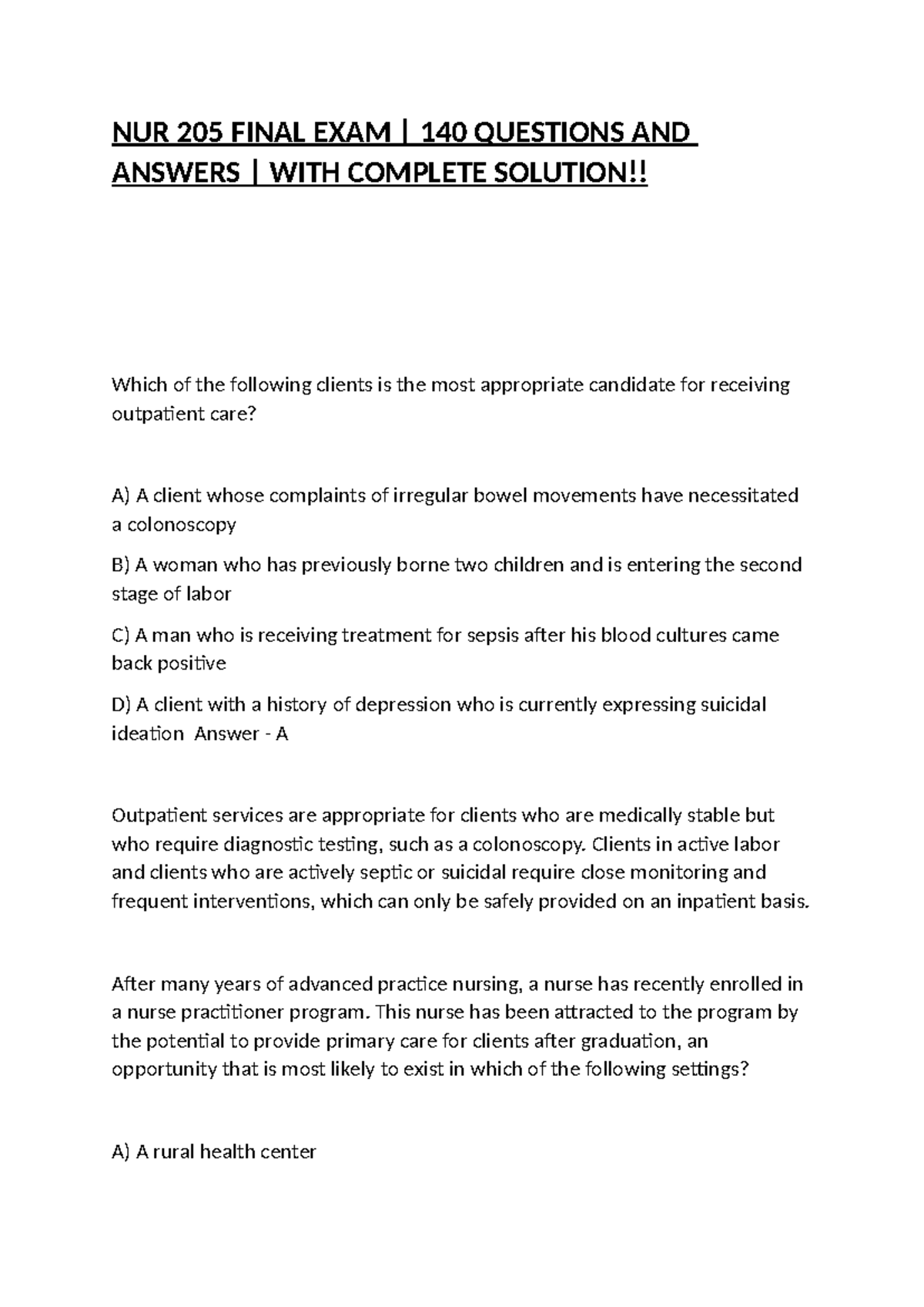 NUR 205 Final Exam Study Guide: 140 Q&A with Detailed Solutions - Studocu