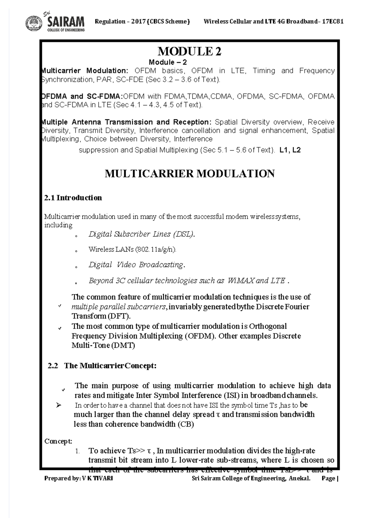 Wc notes 2 study material - MODULE 2 Module – 2 Multicarrier Modulation ...