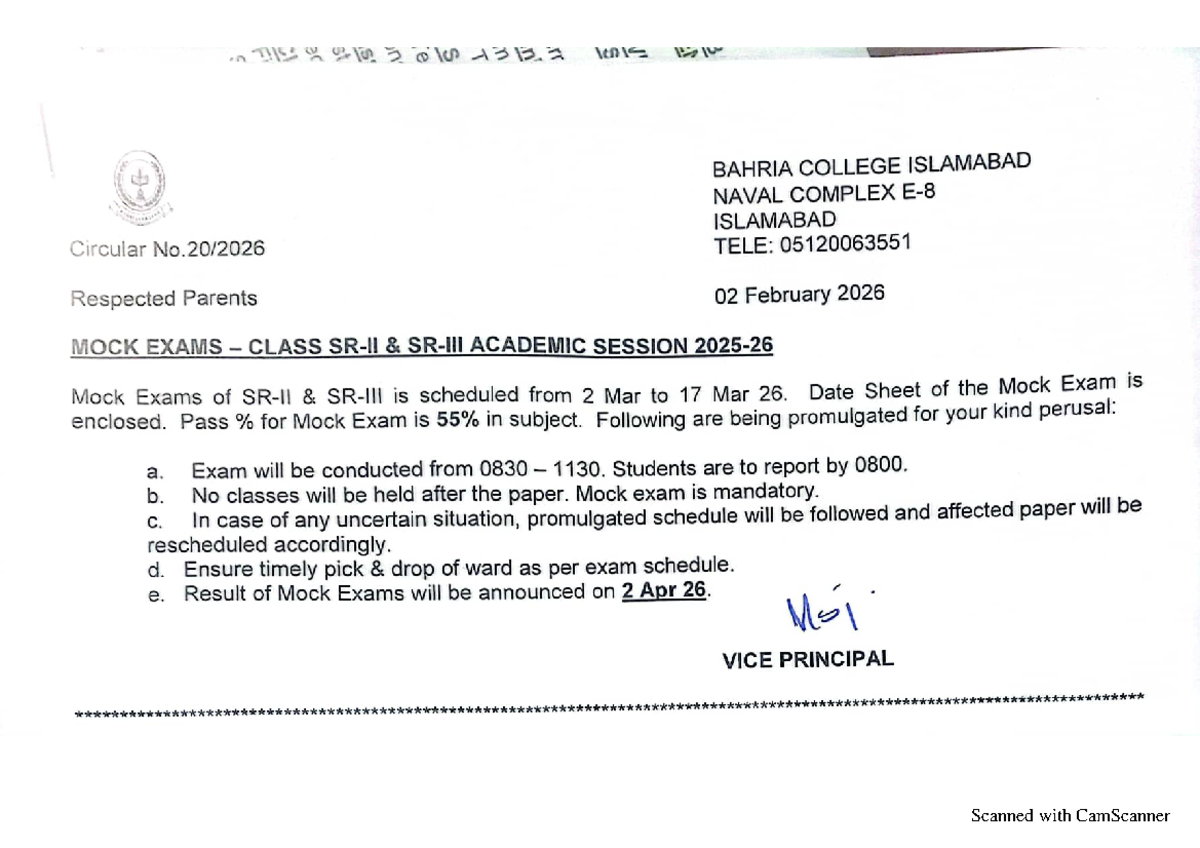 Mock Exams Schedule 2026 - Bahria College Islamabad - Studocu