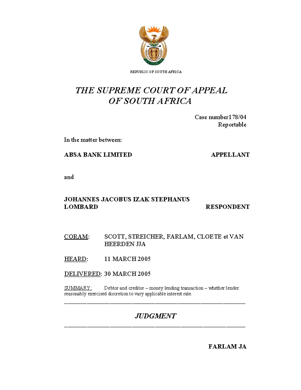 Absa Bank Ltd v Lombard: Supreme Court Appeal Case Summary (2005) - Studocu
