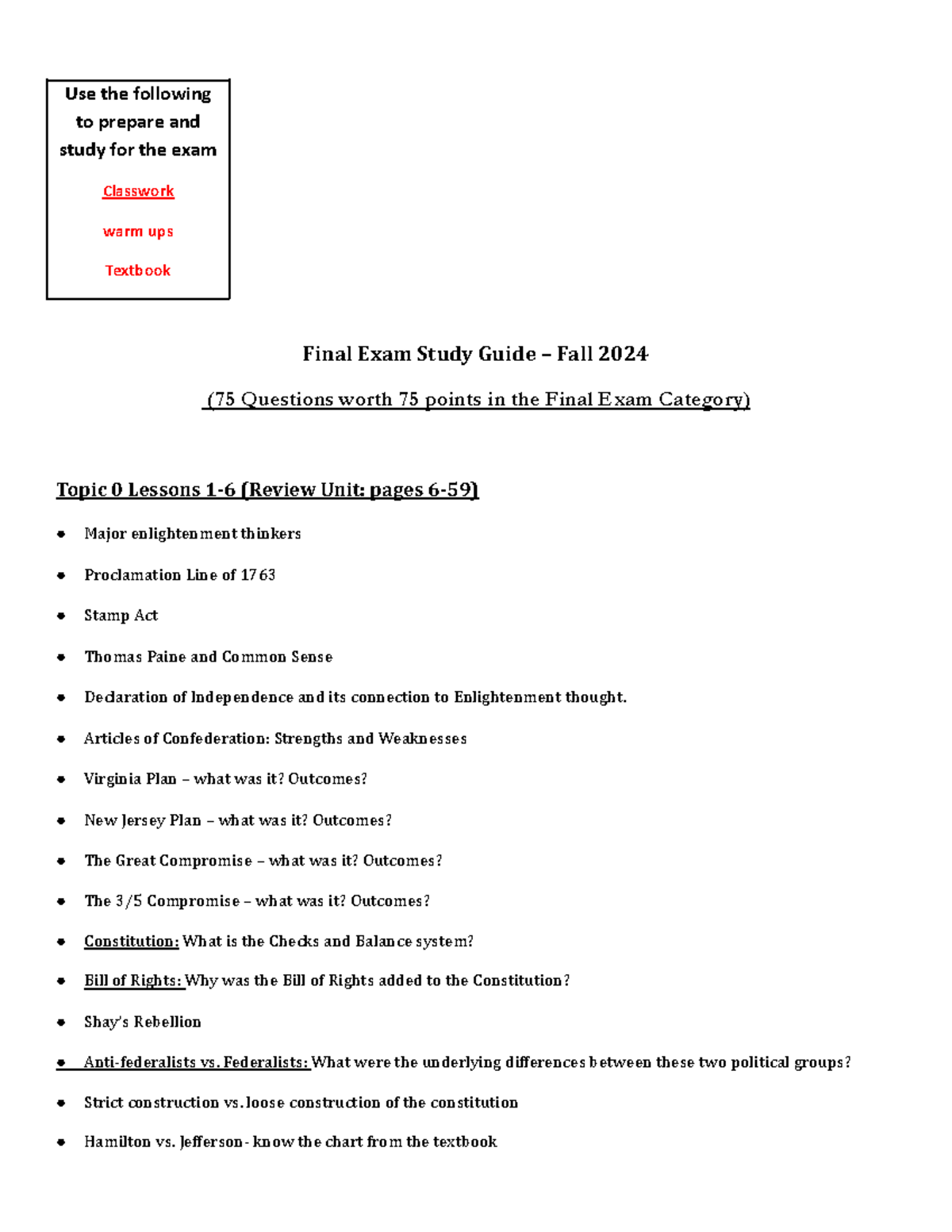 Final Exam Study Guide for History 101: Fall 2024 - Use the following ...