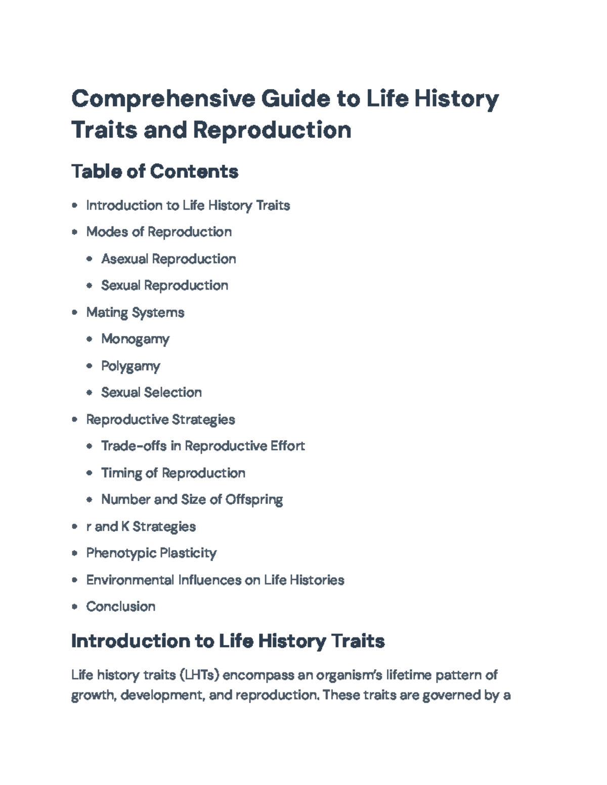 Comprehensive Overview of Life History Traits and Reproductive ...