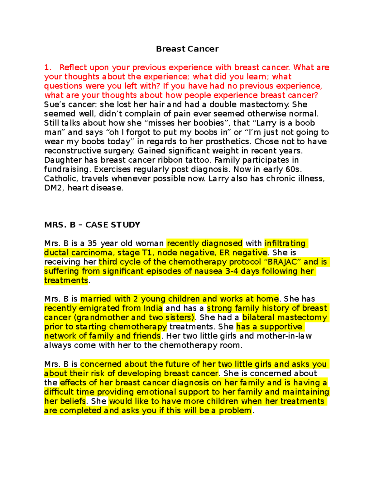 Breast Cancer Case - Class & reading notes - Breast Cancer Reflect upon ...
