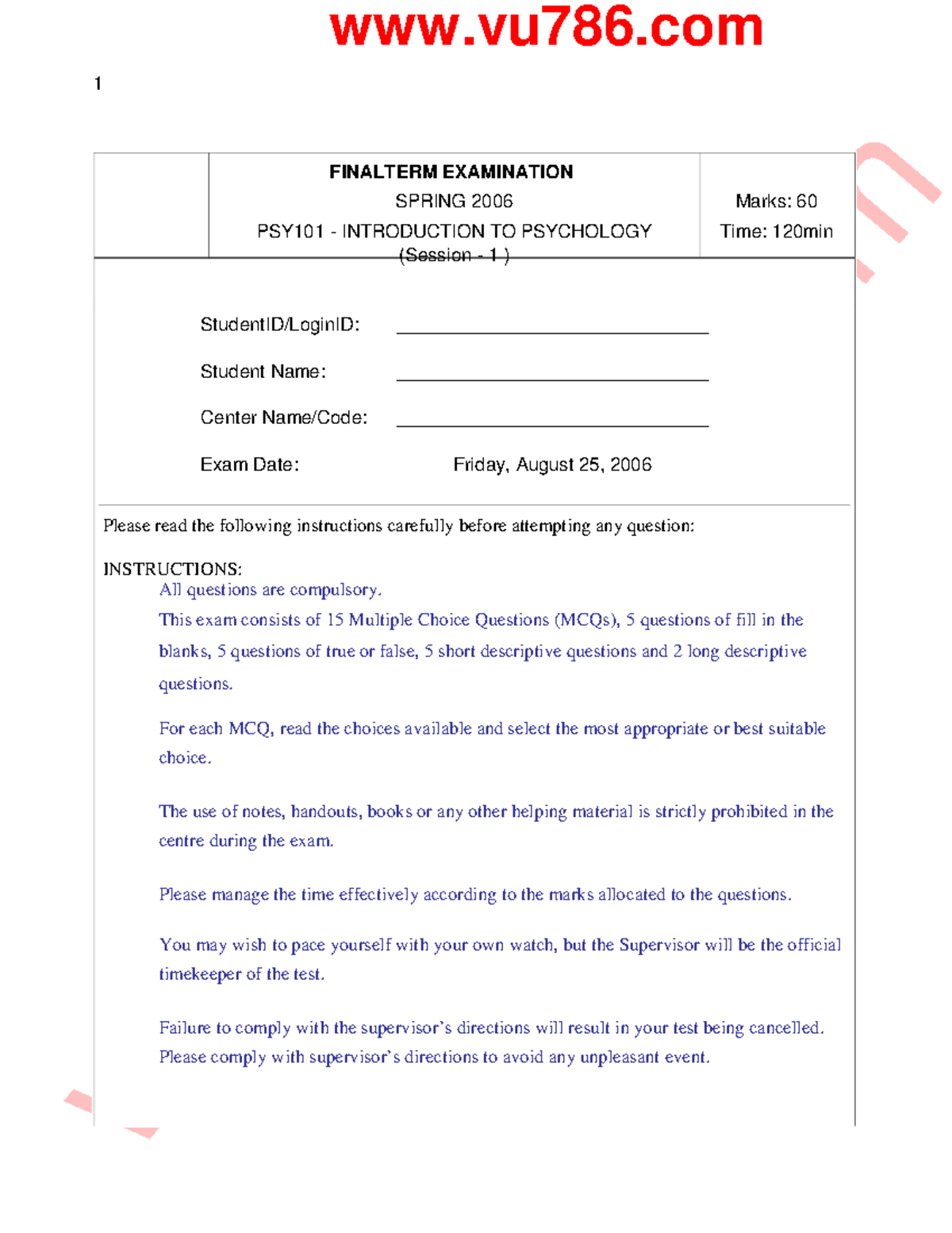 Psy101 Final Exam 2006 - Introduction to Psychology Guide - Studocu