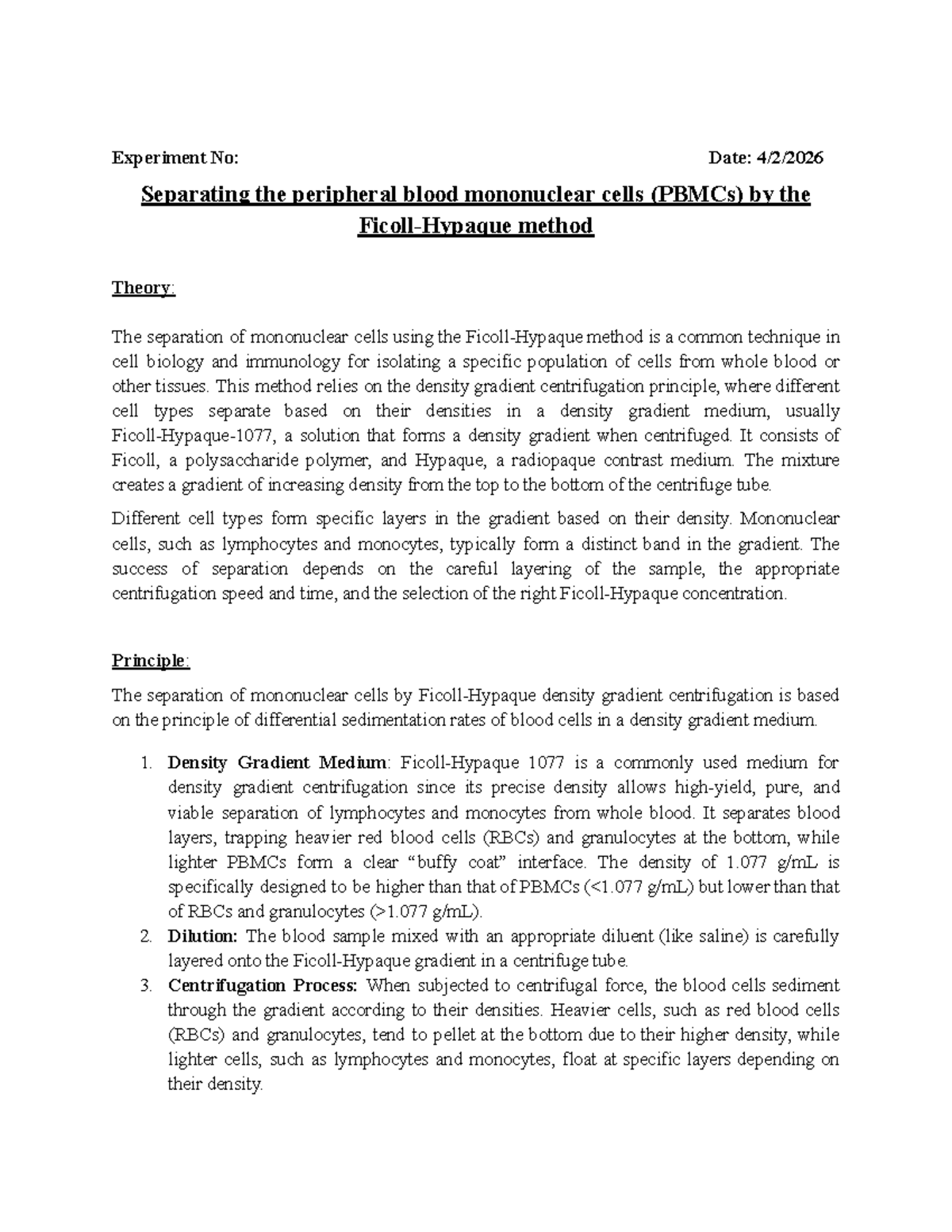 PBMC Isolation Techniques and Methodology for Experimentation - Studocu