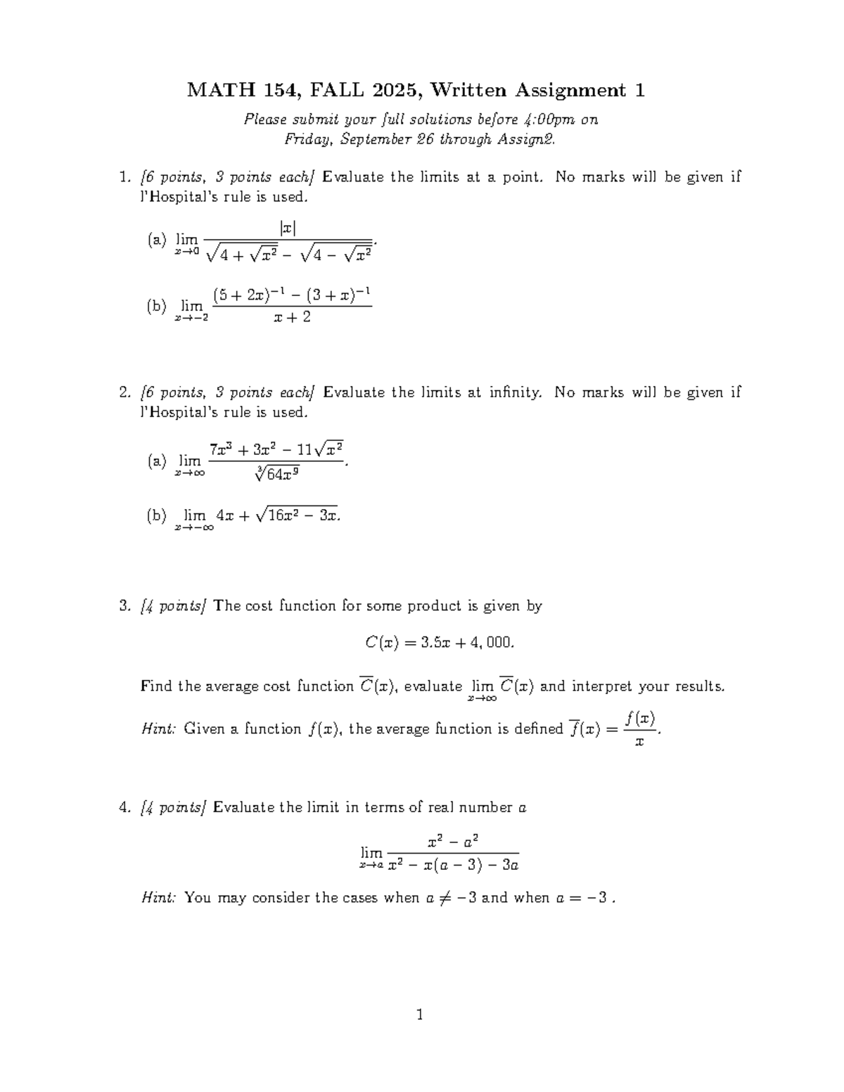 MATH 154, FALL 2025, Written Assignment 1: Limit Evaluations - Studocu