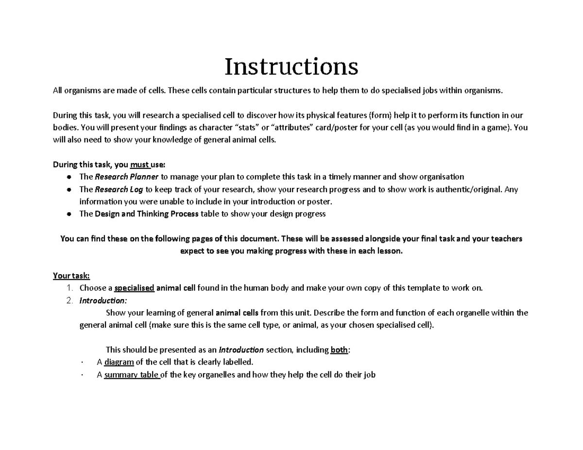 Specialised Cells Assessment Task Template (BIO 101) - Studocu