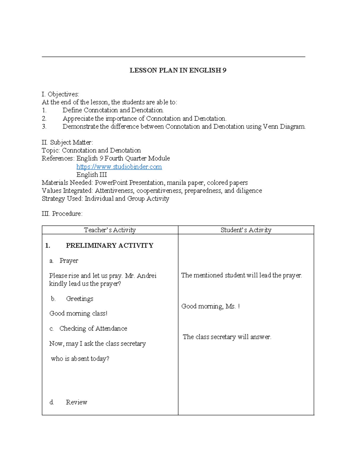 LP ENGLISH 9 - Lesson Plan on Connotation and Denotation - Studocu