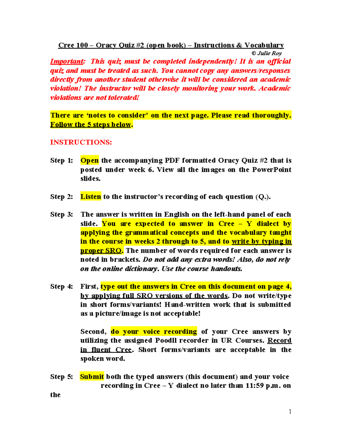 Cree 100 - Oracy Quiz #2 Instructions and Vocabulary Guide - Studocu