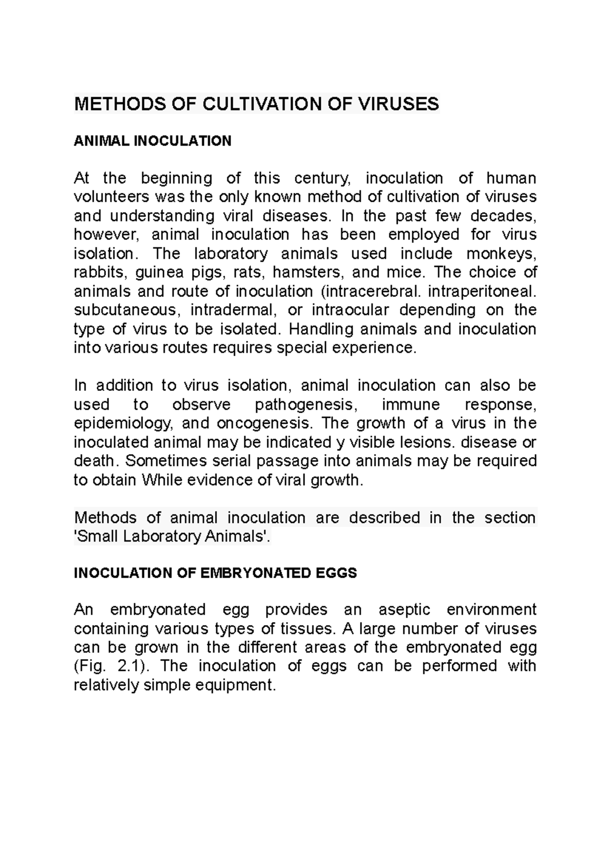 Animal Inoculation and Egg Cultivation Methods for Viruses - Studocu