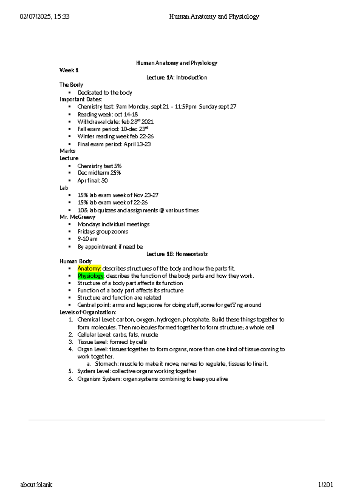 15:33 Human Anatomy and Physiology Week 1 Lecture Notes: Introduction ...