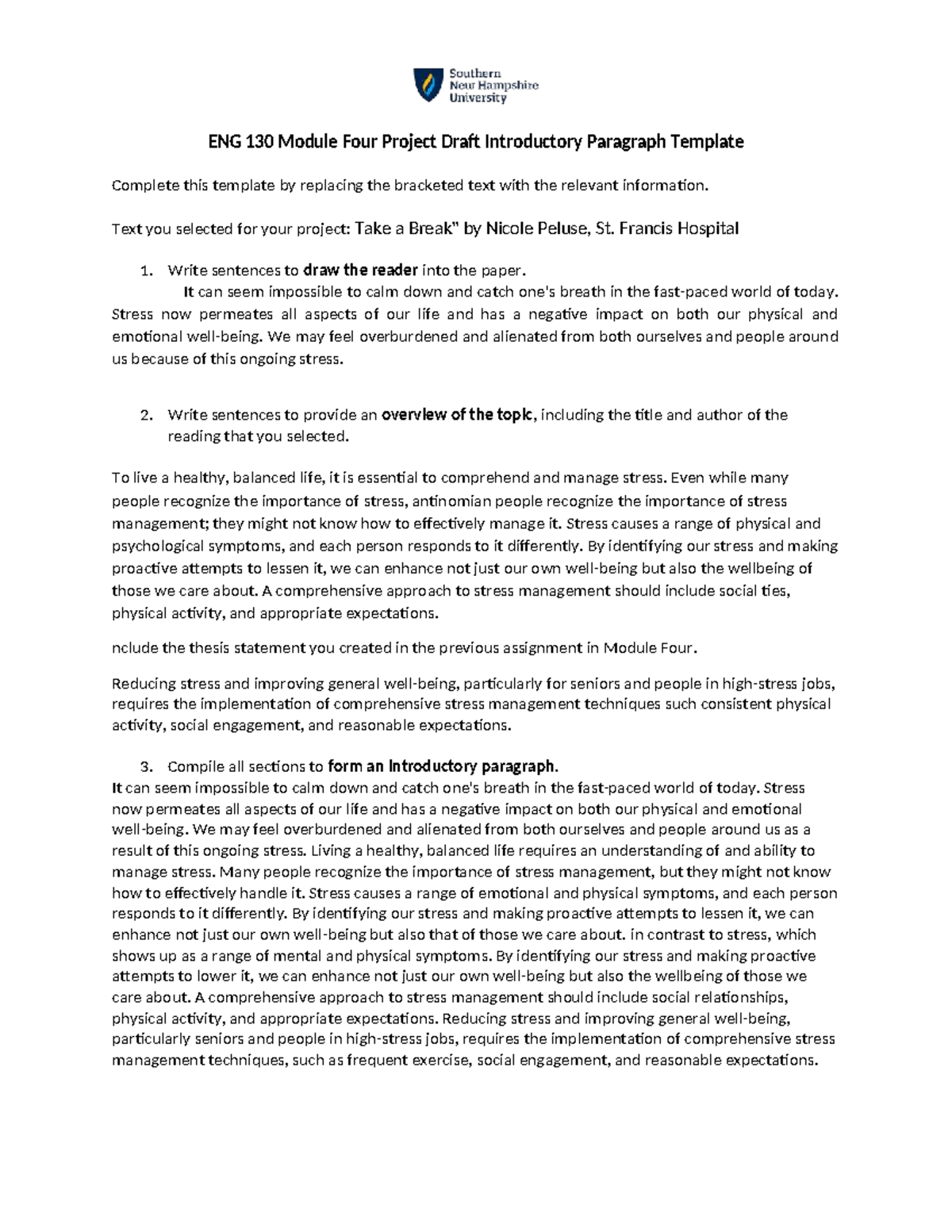 ENG 130 Module Four Project Draft: Intro Paragraph on Stress Management ...