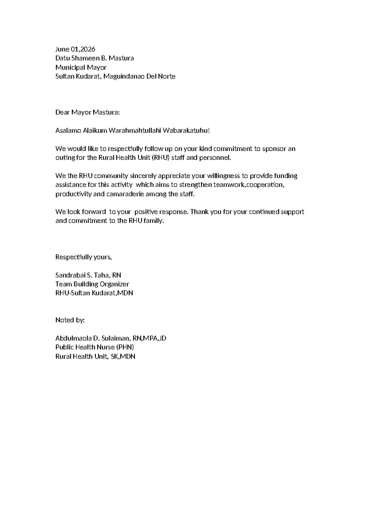 Letter to Mayor Mastura for RHU Outing Sponsorship - Studocu