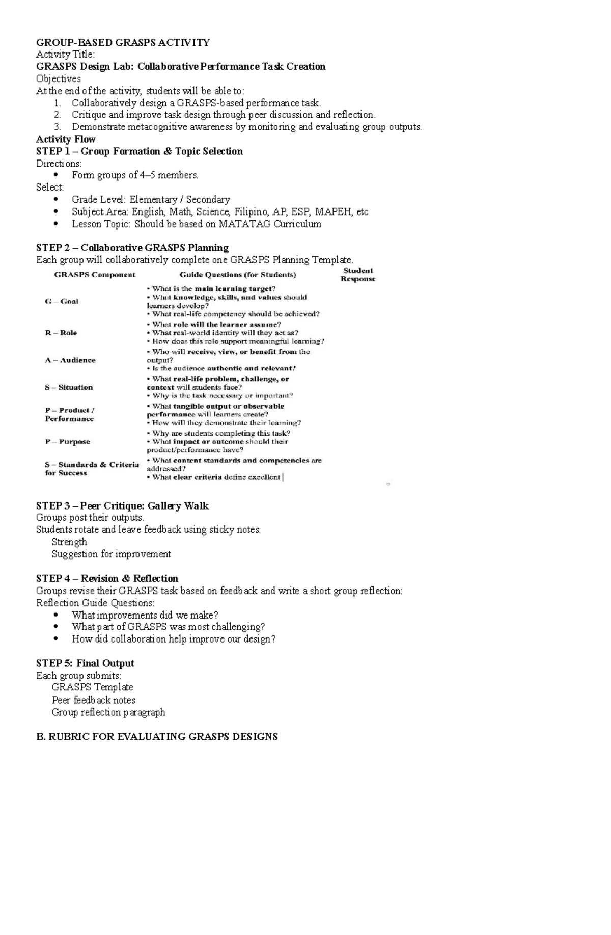 PROF ED 107 Activity 4: GRASPS Design Lab for Collaborative Tasks - Studocu