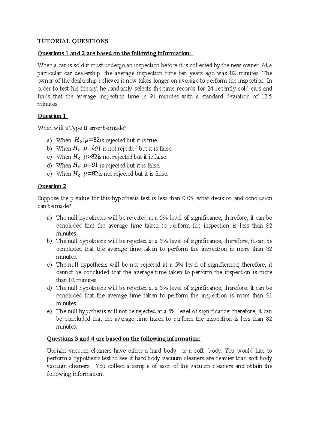 Stat 130 Tutorial 1 Questions: Hypothesis Testing Insights - Studocu