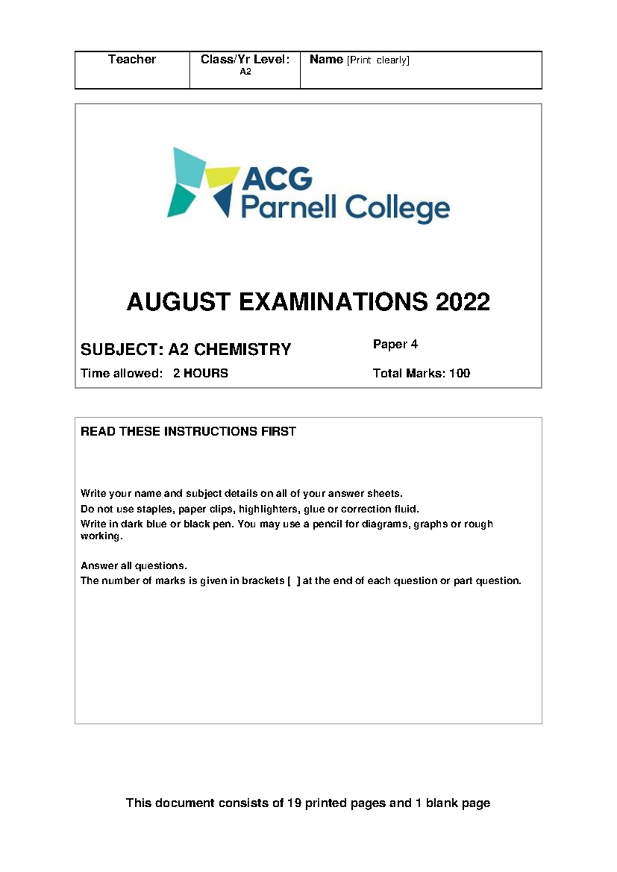 A2 Chemistry Paper 4 August Exam 2022 - Instructions & Questions - Studocu
