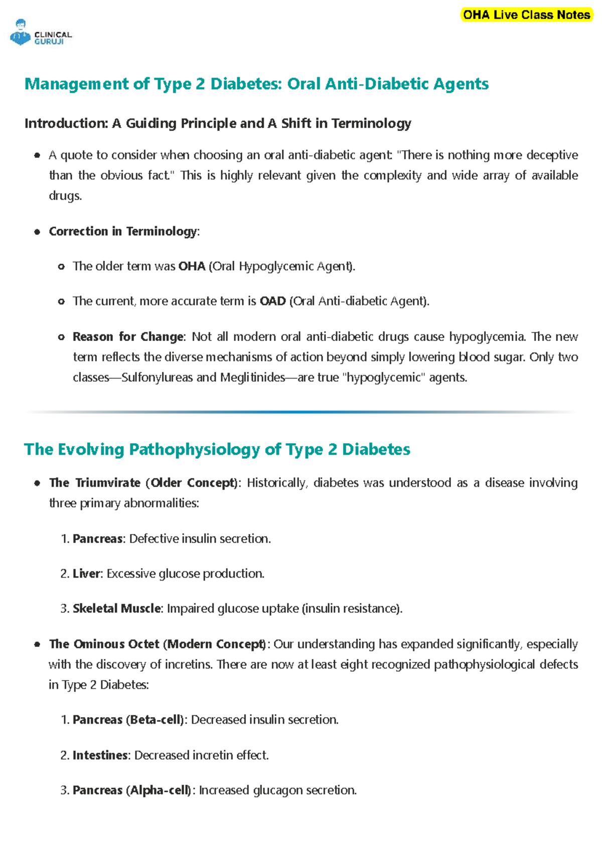 OHA Live Class Notes: Management of Type 2 Diabetes Overview - Studocu