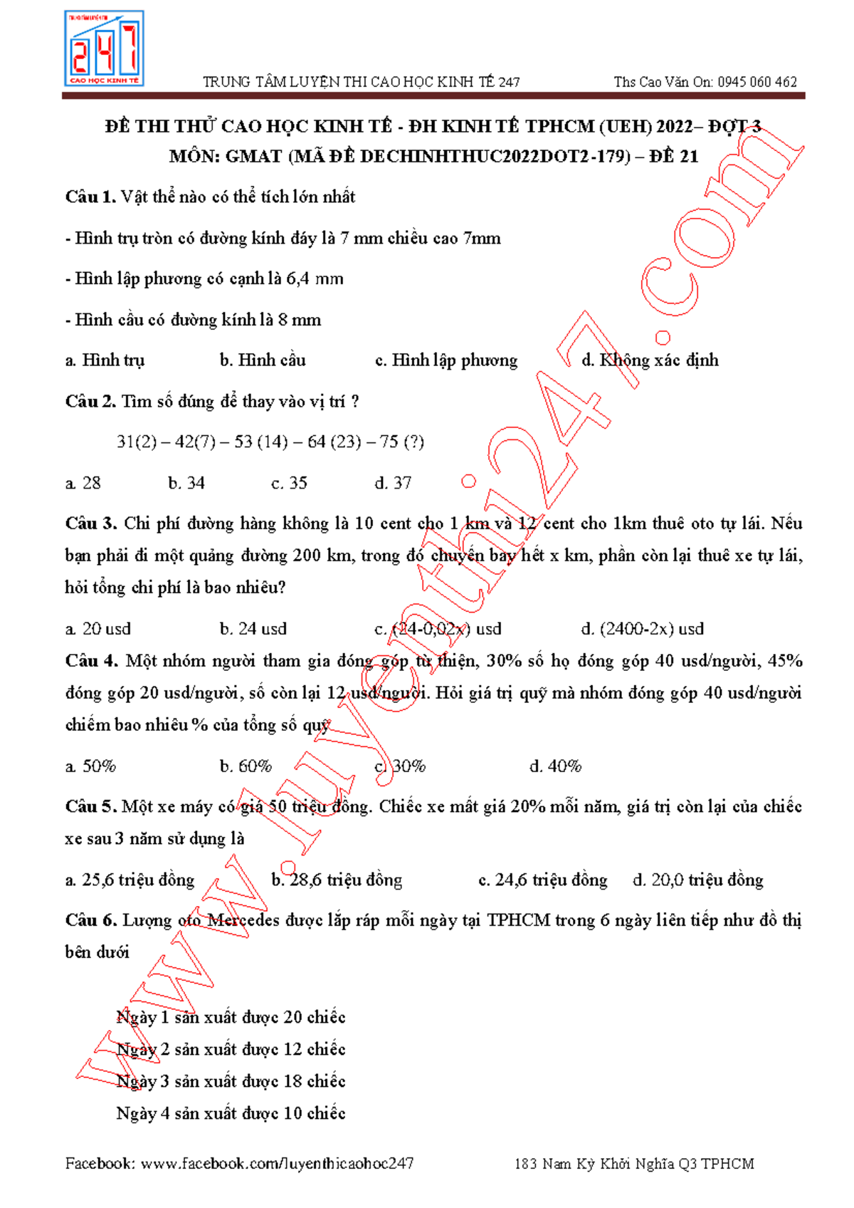 Đề thi thử GMAT - ĐH Kinh Tế TPHCM 2022 - Đợt 3 (DE 21) - Document Preview