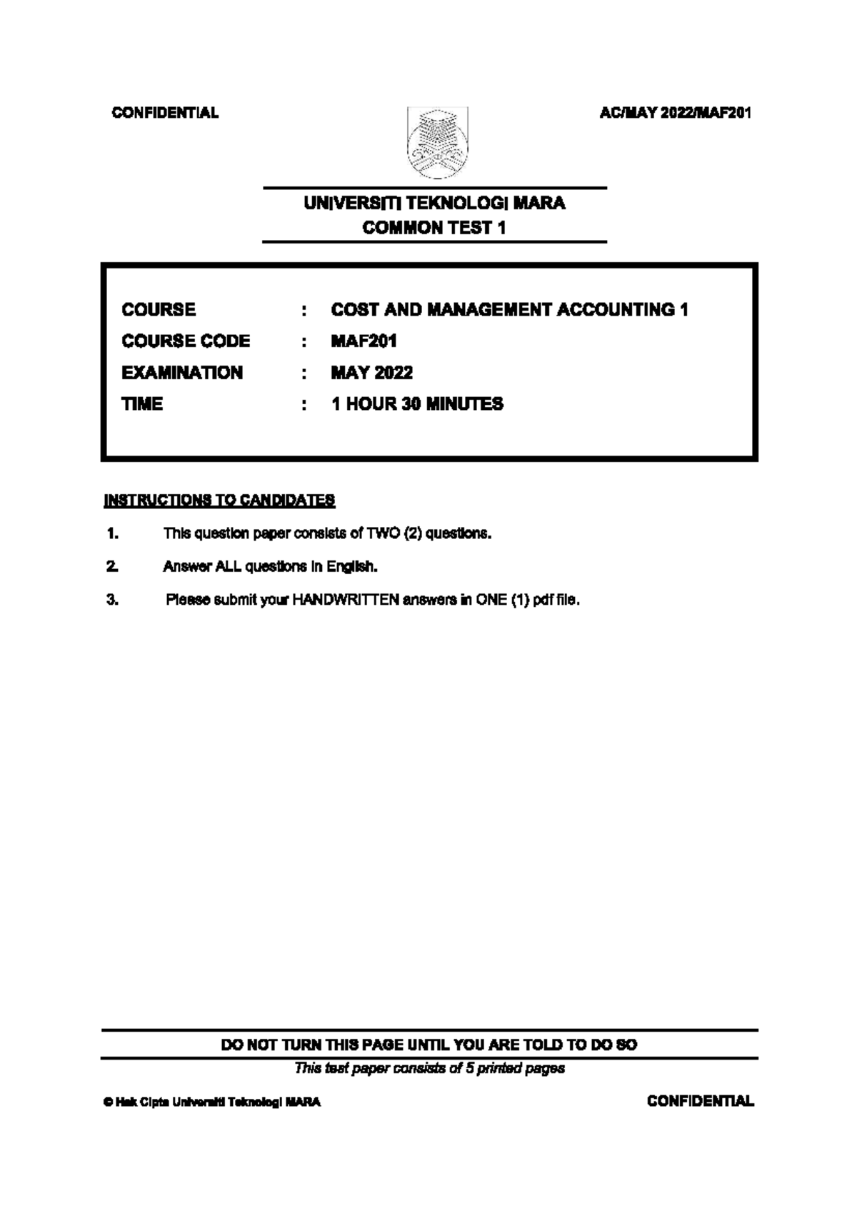 CT MAF201 Common Test 1 - Cost and Management Accounting May 2022 - Studocu
