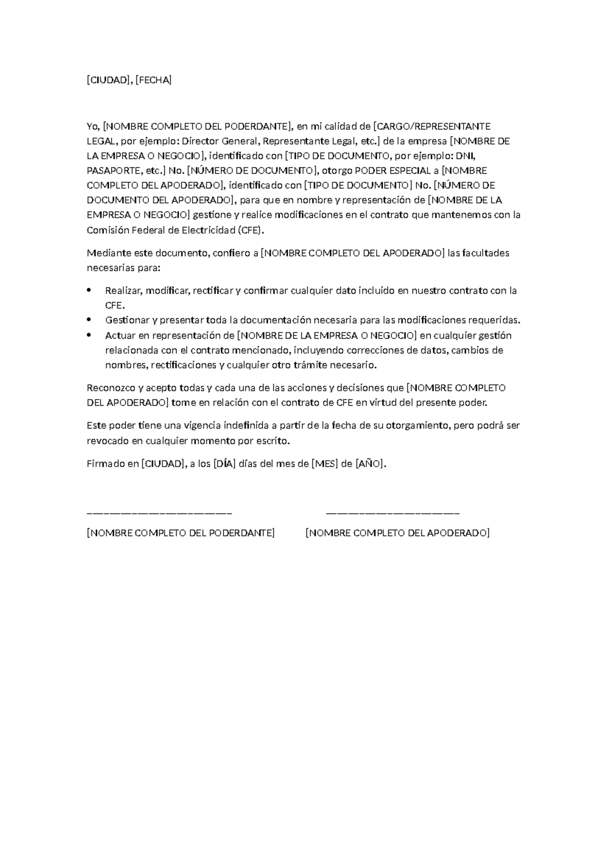 Ejemplo carta poder contrato cfe - [CIUDAD], [FECHA] Yo, [NOMBRE ...