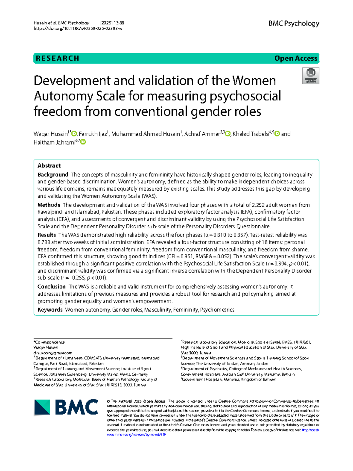 Development and Validation of the Women Autonomy Scale (WAS) in BMC ...
