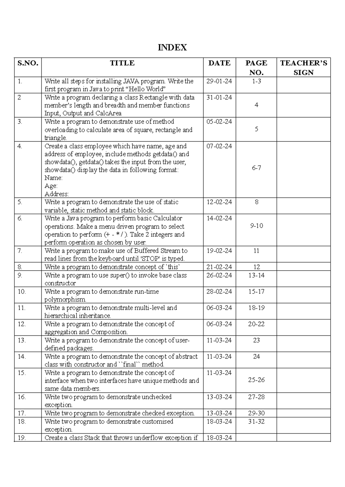JAVA Index 1TO22 - INDEX S. TITLE DATE PAGE NO. TEACHER’S SIGN 1. Write ...