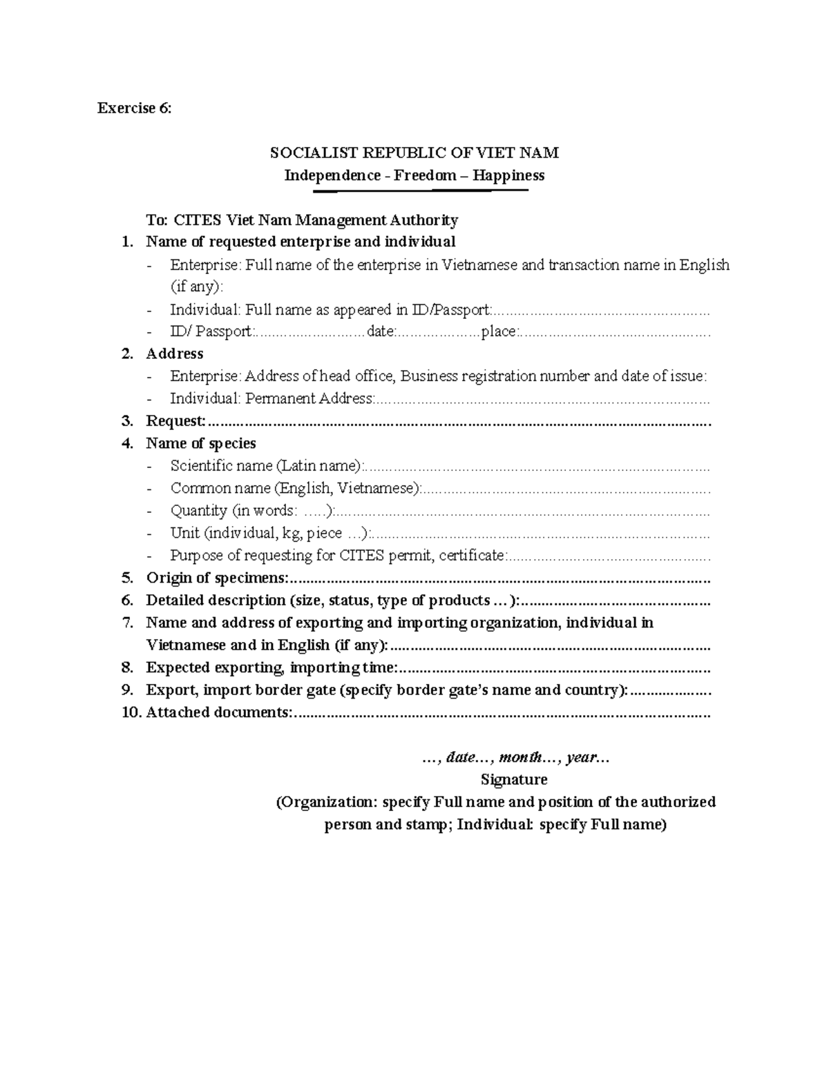 Exercise 6: CITES Permit Application for Viet Nam - Studocu