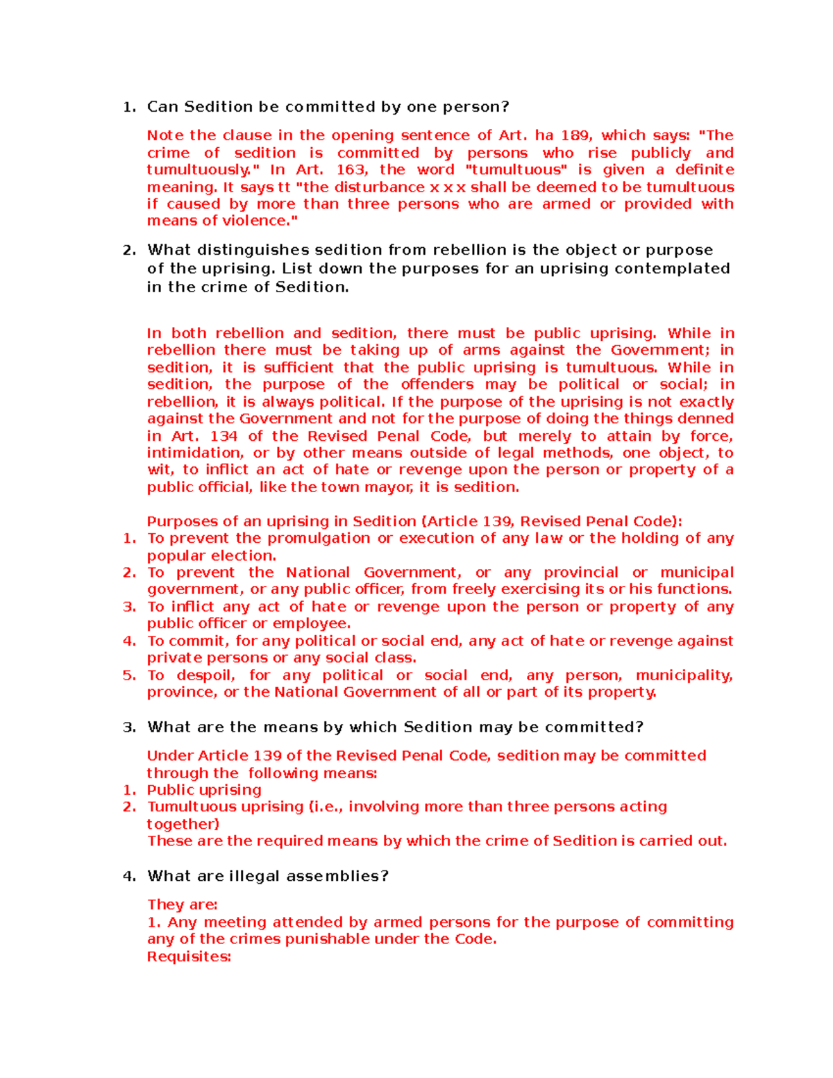 Assignment on Sedition and Direct Assault in Criminal Law II (CRIM LAW ...
