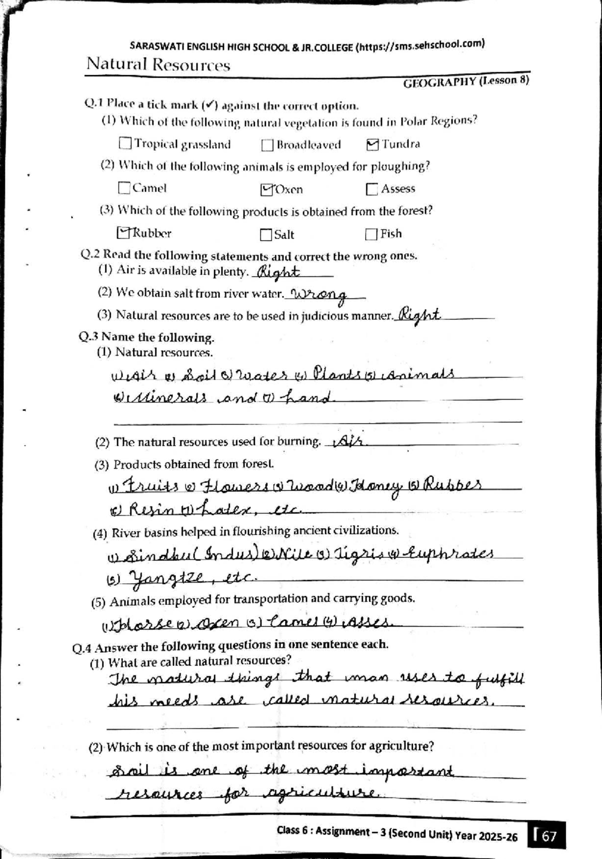 Class 6 Geography Assignment: Natural Resources (Chapter 8) - Studocu