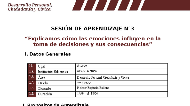 Sesión de Aprendizaje: Emociones y Toma de Decisiones en DPCC - Studocu